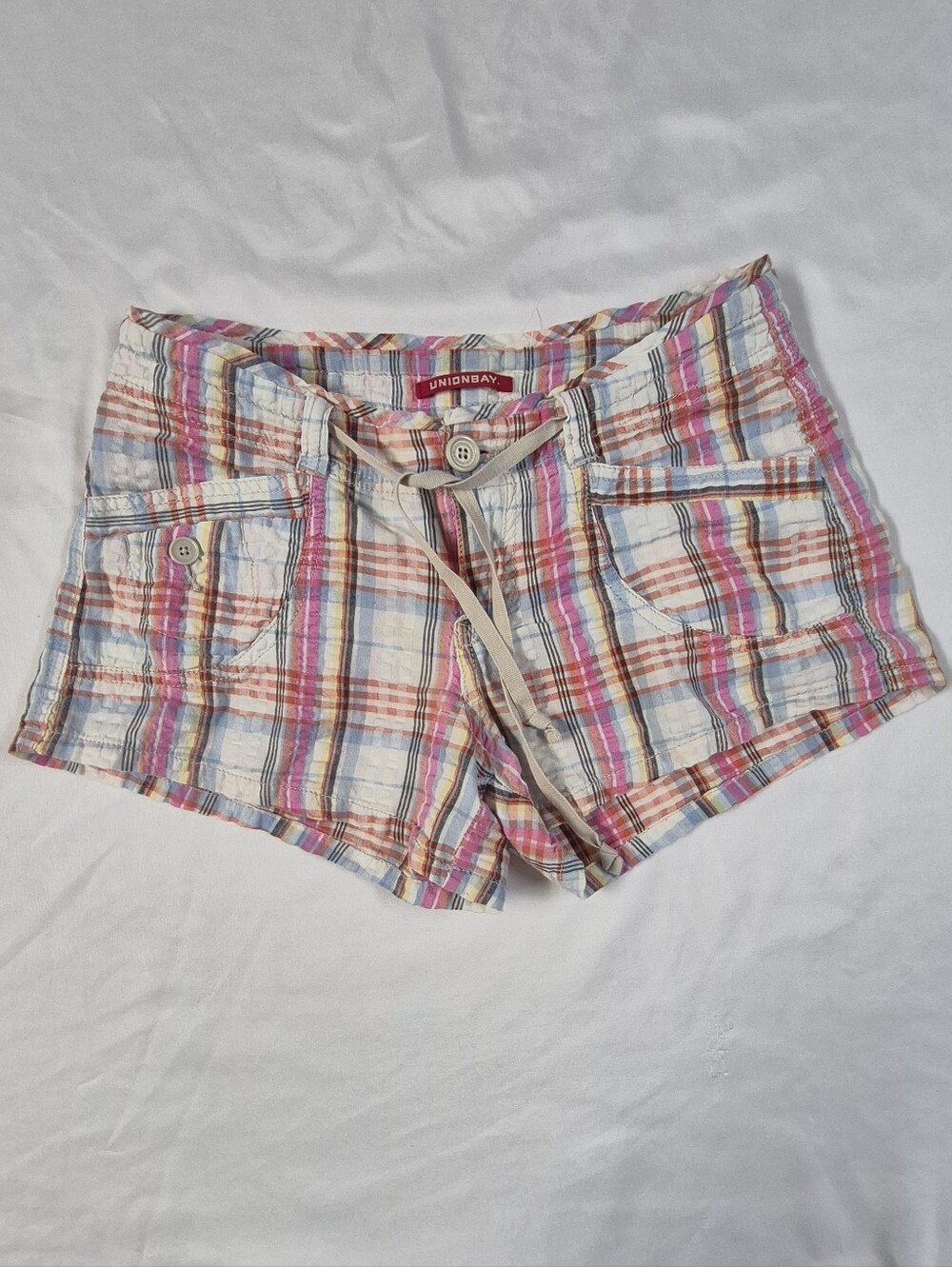 Vintage Y2K Union Bay Preppy Low Rise Micro Mini Pink Blue Plaid Shorts Sz 3